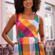 Yumi Multicolour Seersucker Cotton Midi Sun Dress