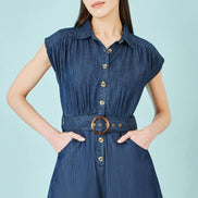 Yumi Blue Chambray Cotton Playsuit