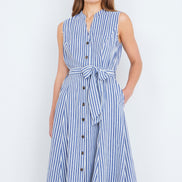 Yumi Navy Stripe Midi Sleeveless Shirt Dress