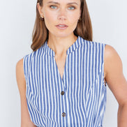 Yumi Navy Stripe Midi Sleeveless Shirt Dress
