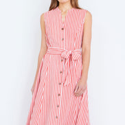 Yumi Red Stripe Midi Sleeveless Shirt Dress