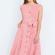 Yumi Red Stripe Midi Sleeveless Shirt Dress