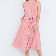 Yumi Red Stripe Midi Sleeveless Shirt Dress