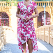 Yumi Ivory Floral Wrap Dress with Dipped Hem