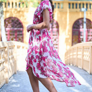 Yumi Ivory Floral Wrap Dress with Dipped Hem