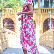 Yumi Ivory Floral Wrap Dress with Dipped Hem