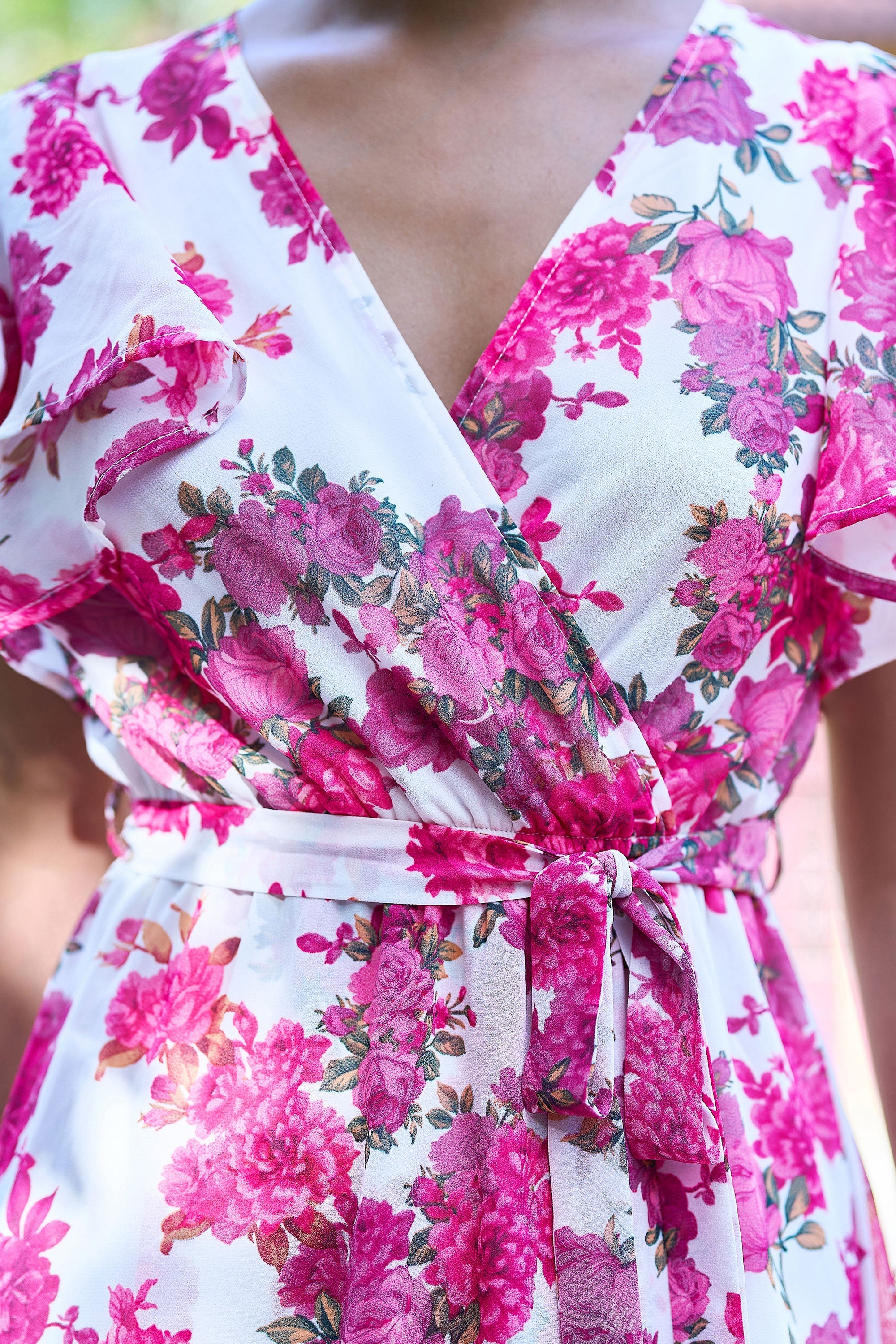 Yumi Ivory Floral Wrap Dress with Dipped Hem