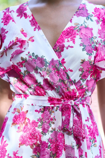 Yumi Ivory Floral Wrap Dress with Dipped Hem