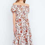 Yumi Orange Floral Ruched Waist Midi Dress