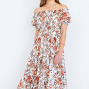 Yumi Orange Floral Ruched Waist Midi Dress