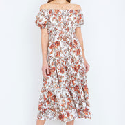 Yumi Orange Floral Ruched Waist Midi Dress