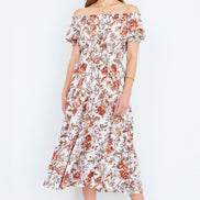 Yumi Orange Floral Ruched Waist Midi Dress