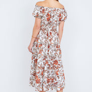 Yumi Orange Floral Ruched Waist Midi Dress