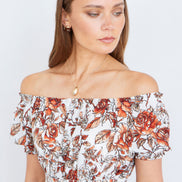 Yumi Orange Floral Ruched Waist Midi Dress