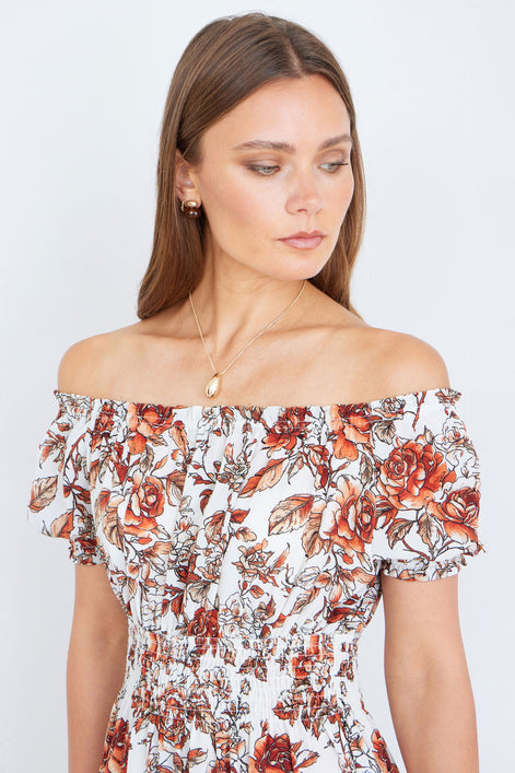 Yumi Orange Floral Ruched Waist Midi Dress