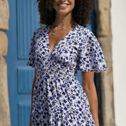 Yumi Blue Floral Ruched Waist Midi Dress with Angel Sleeves
