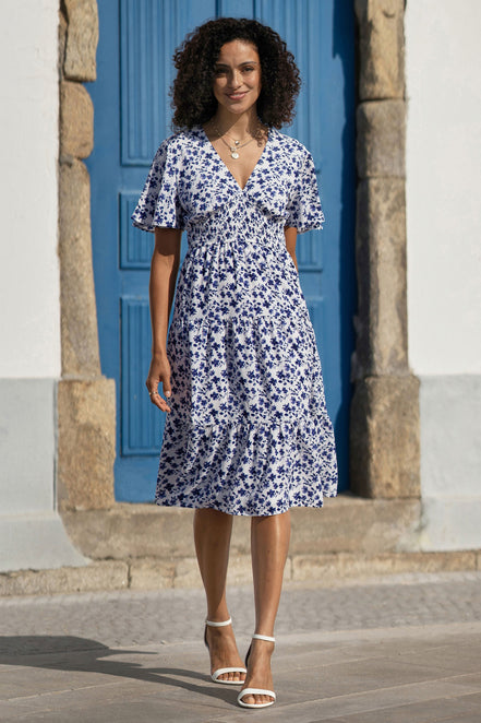 Yumi Blue Floral Ruched Waist Midi Dress with Angel Sleeves