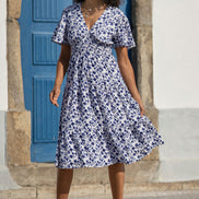 Yumi Blue Floral Ruched Waist Midi Dress with Angel Sleeves