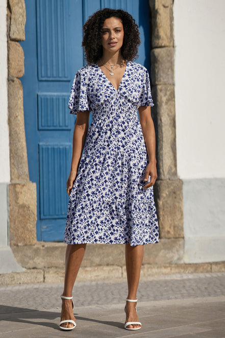 Yumi Blue Floral Ruched Waist Midi Dress with Angel Sleeves