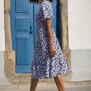 Yumi Blue Floral Ruched Waist Midi Dress with Angel Sleeves