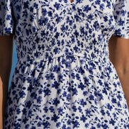 Yumi Blue Floral Ruched Waist Midi Dress with Angel Sleeves