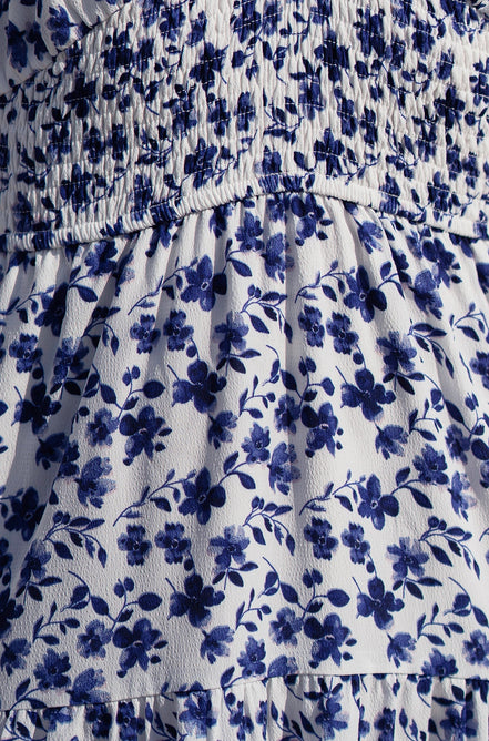Yumi Blue Floral Ruched Waist Midi Dress with Angel Sleeves