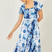 Yumi Blue Floral Viscose Midi Shirt Dress with Matching Belt