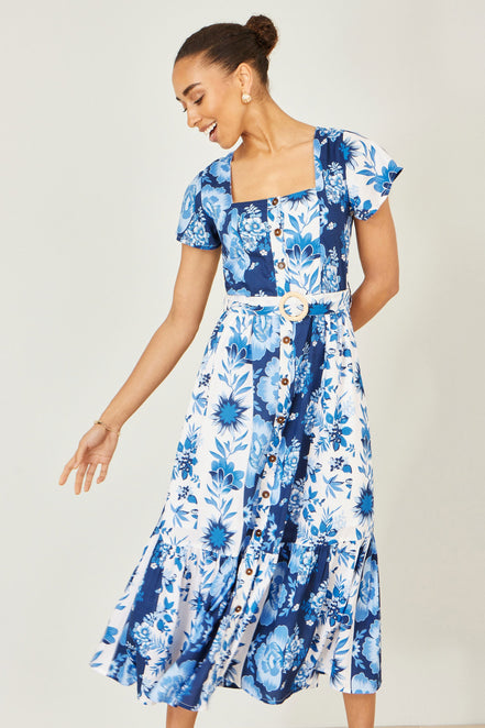 Yumi Blue Floral Viscose Midi Shirt Dress with Matching Belt