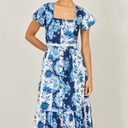 Yumi Blue Floral Viscose Midi Shirt Dress with Matching Belt