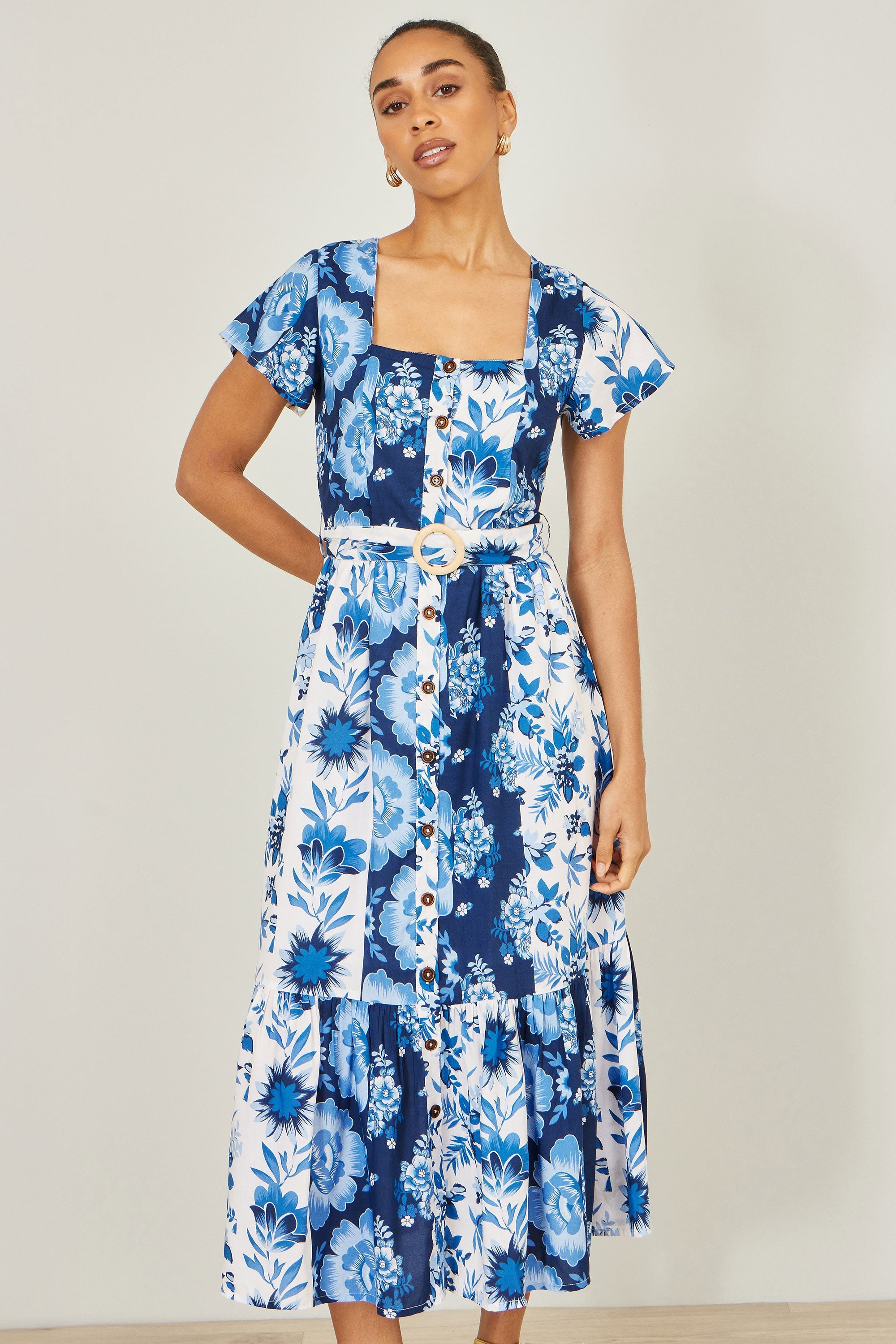 Yumi Blue Floral Viscose Midi Shirt Dress with Matching Belt