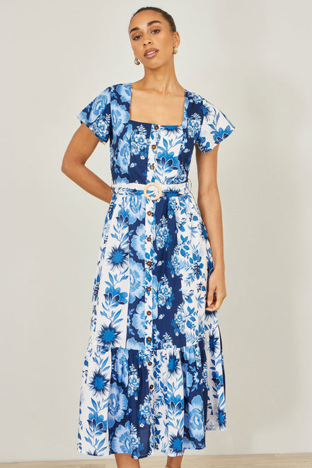 Yumi Blue Floral Viscose Midi Shirt Dress with Matching Belt