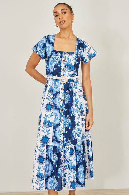 Yumi Blue Floral Viscose Midi Shirt Dress with Matching Belt