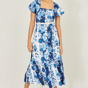 Yumi Blue Floral Viscose Midi Shirt Dress with Matching Belt