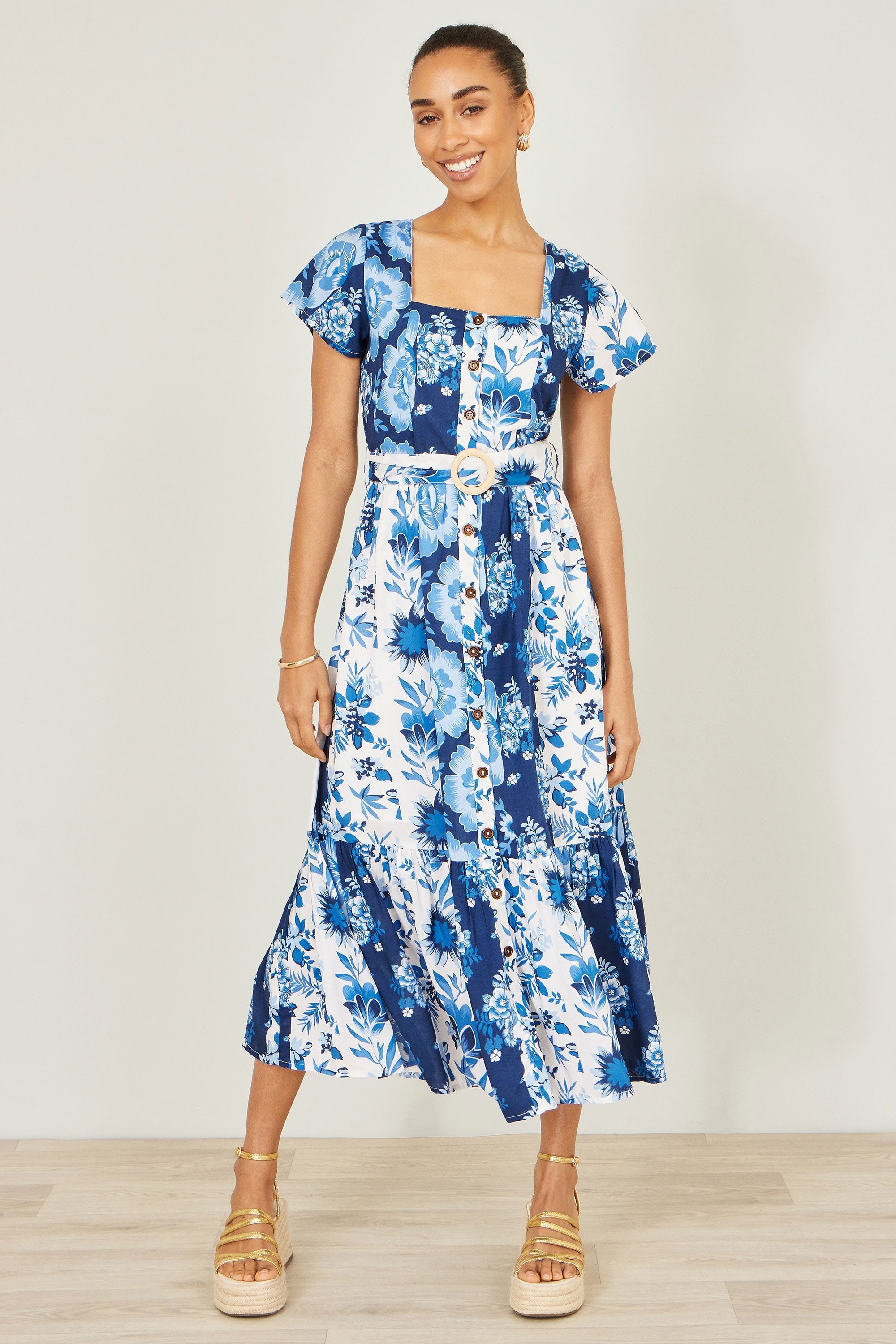 Yumi Blue Floral Viscose Midi Shirt Dress with Matching Belt