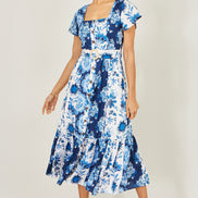 Yumi Blue Floral Viscose Midi Shirt Dress with Matching Belt