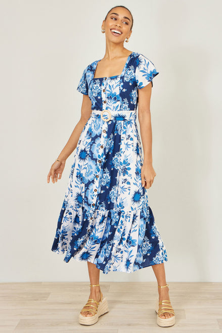 Yumi Blue Floral Viscose Midi Shirt Dress with Matching Belt