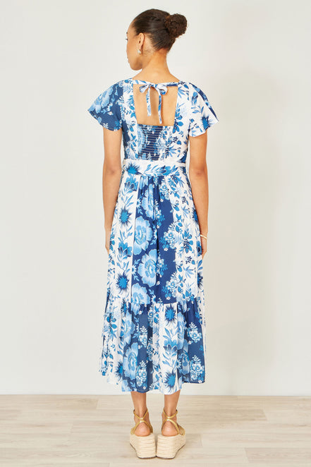 Yumi Blue Floral Viscose Midi Shirt Dress with Matching Belt