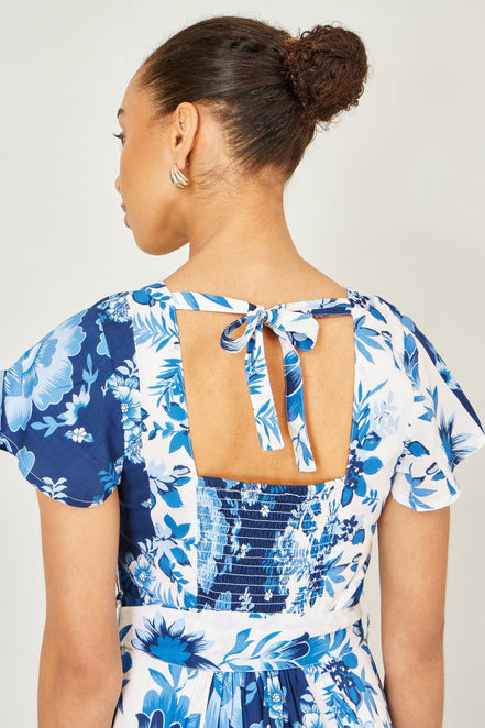 Yumi Blue Floral Viscose Midi Shirt Dress with Matching Belt