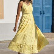 Yumi Butter Yellow Cotton Lace Trim Midi Dress