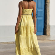 Yumi Butter Yellow Cotton Lace Trim Midi Dress