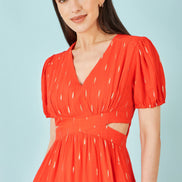 Yumi Orange Foil Print Viscose Cut Out Midi Dress