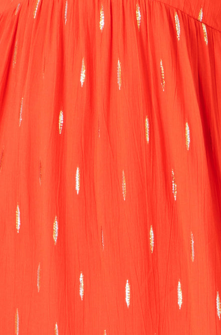 Yumi Orange Foil Print Viscose Cut Out Midi Dress