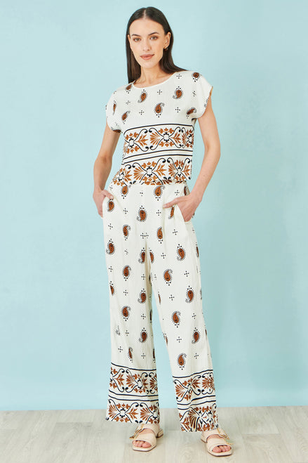 Yumi Ivory Viscose Paisley Wide Leg Trousers
