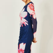 Yumi Navy Floral Placement Floral Long Sleeve Mesh Maxi Dress