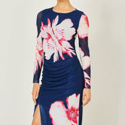 Yumi Navy Floral Placement Floral Long Sleeve Mesh Maxi Dress