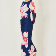 Yumi Navy Floral Placement Floral Long Sleeve Mesh Maxi Dress