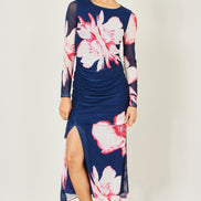 Yumi Navy Floral Placement Floral Long Sleeve Mesh Maxi Dress
