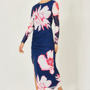 Yumi Navy Floral Placement Floral Long Sleeve Mesh Maxi Dress