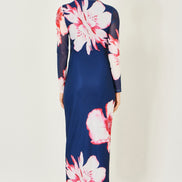 Yumi Navy Floral Placement Floral Long Sleeve Mesh Maxi Dress