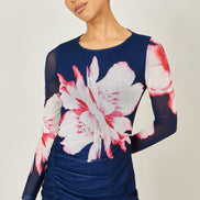 Yumi Navy Floral Placement Floral Long Sleeve Mesh Maxi Dress